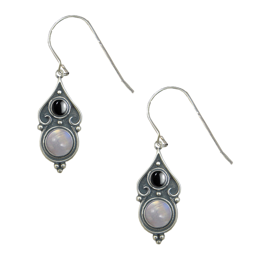 Sterling Silver Designer Post Stud Earrings With Rainbow Moonstone And Hematite